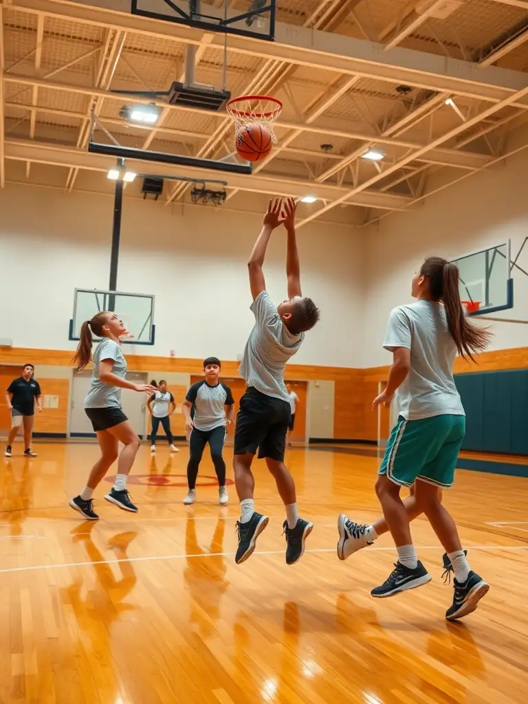 Students engaged in a basketball game in the school gymnasium, promoting physical activity and competitive spirit.