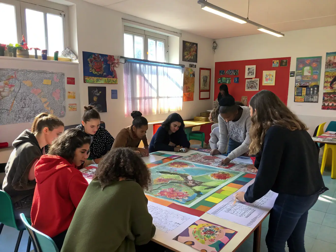 Students working together on a creative project during an ASSEPS sociocultural program, emphasizing creativity and cultural understanding.