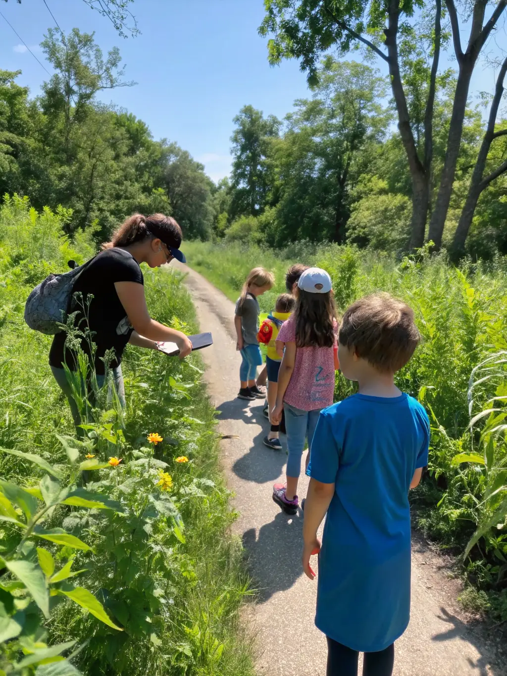 A group of students on a hiking trip in the Soursac region, learning about local flora and fauna while promoting environmental awareness.