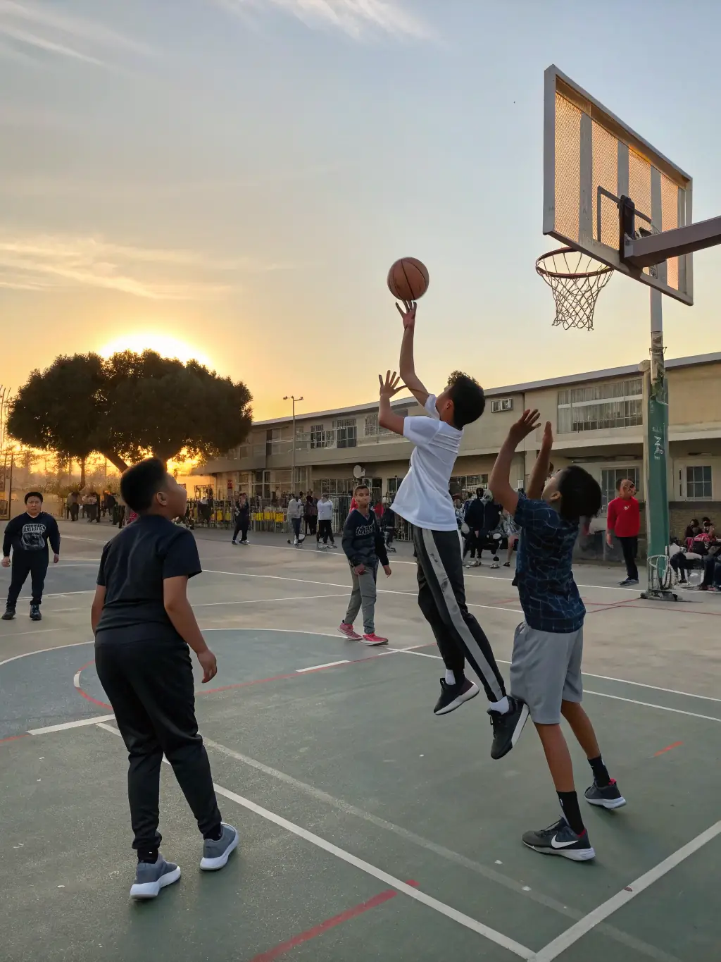A group of students participating in a basketball game during an ASSEPS after-school program, showcasing teamwork and physical activity.