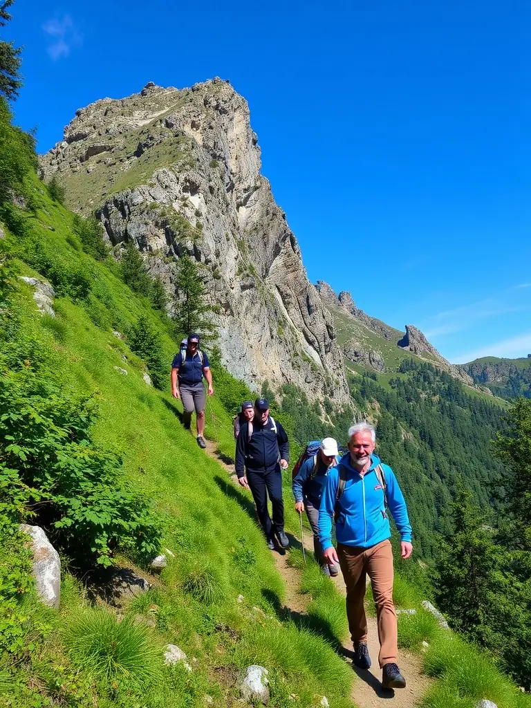 Students participating in a hiking trip in the mountains, showcasing outdoor adventure and exploration.