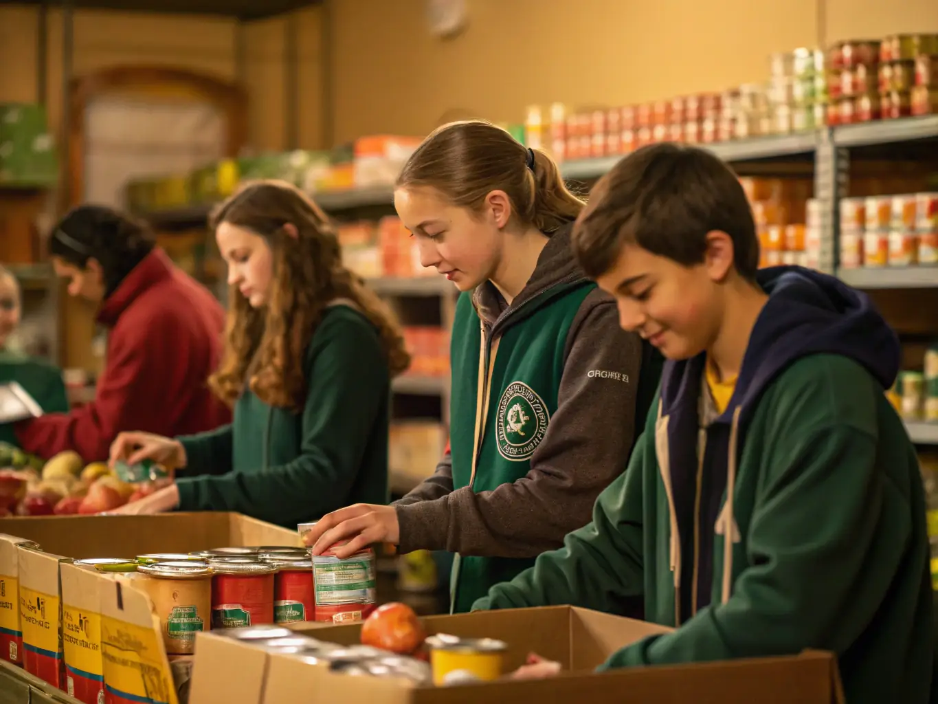 A diverse group of students engaged in a community service project, demonstrating their commitment to civism and social responsibility.